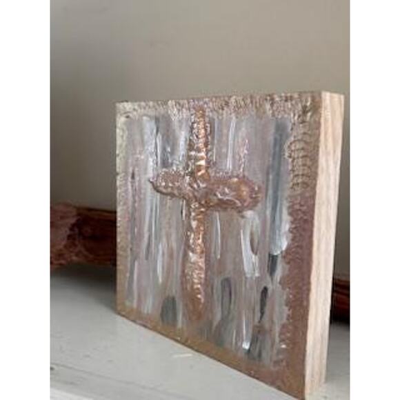 SALE Gold Cross Wood Painting HandPainted Wall Art 5x5 Block Textured White Gold - Picture 6 of 8